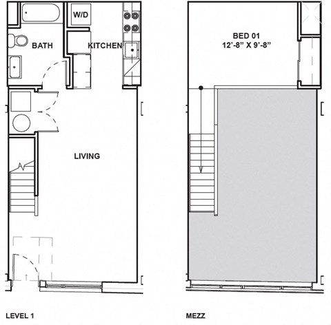 Floor plan for 1 bed, 1 bath, 591 sqft